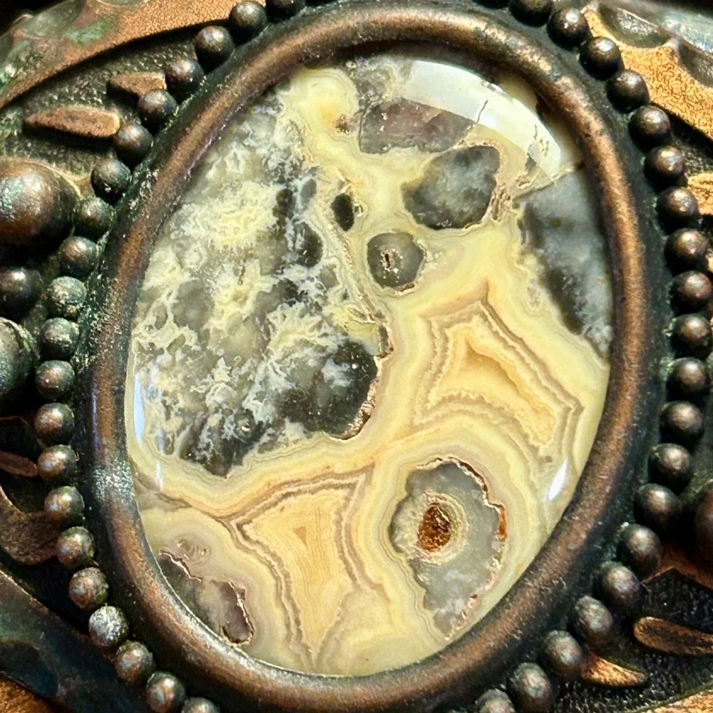 Vintage Western Belt Buckle OS Copper Agate Floral Hammered Boho 1970s
